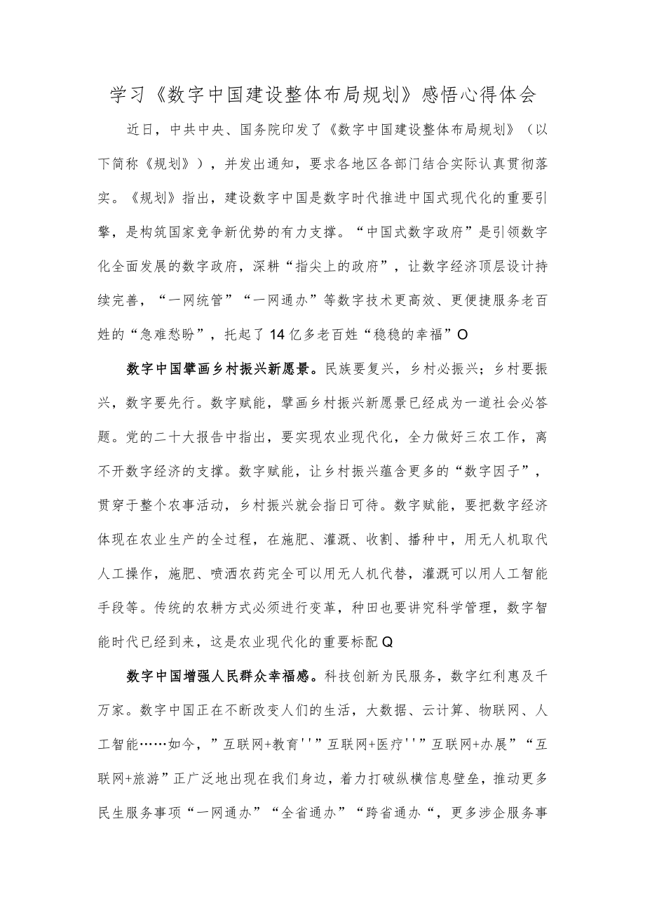 学习《数字中国建设整体布局规划》感悟心得体会.docx_第1页