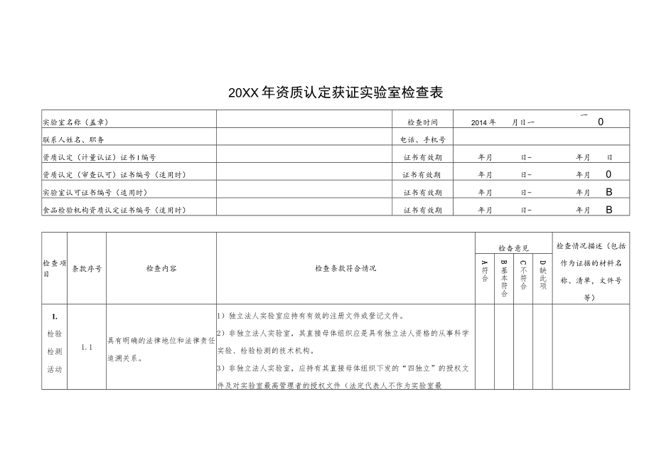 20XX年资质认定获证实验室检查表.docx_第1页