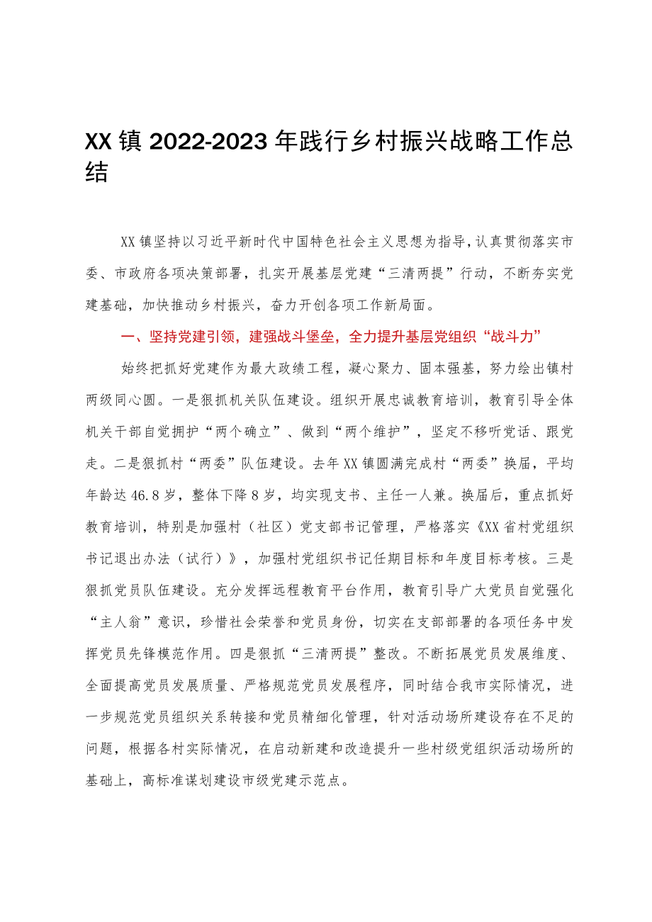 XX镇2022-2023年践行乡村振兴战略工作总结.docx_第1页