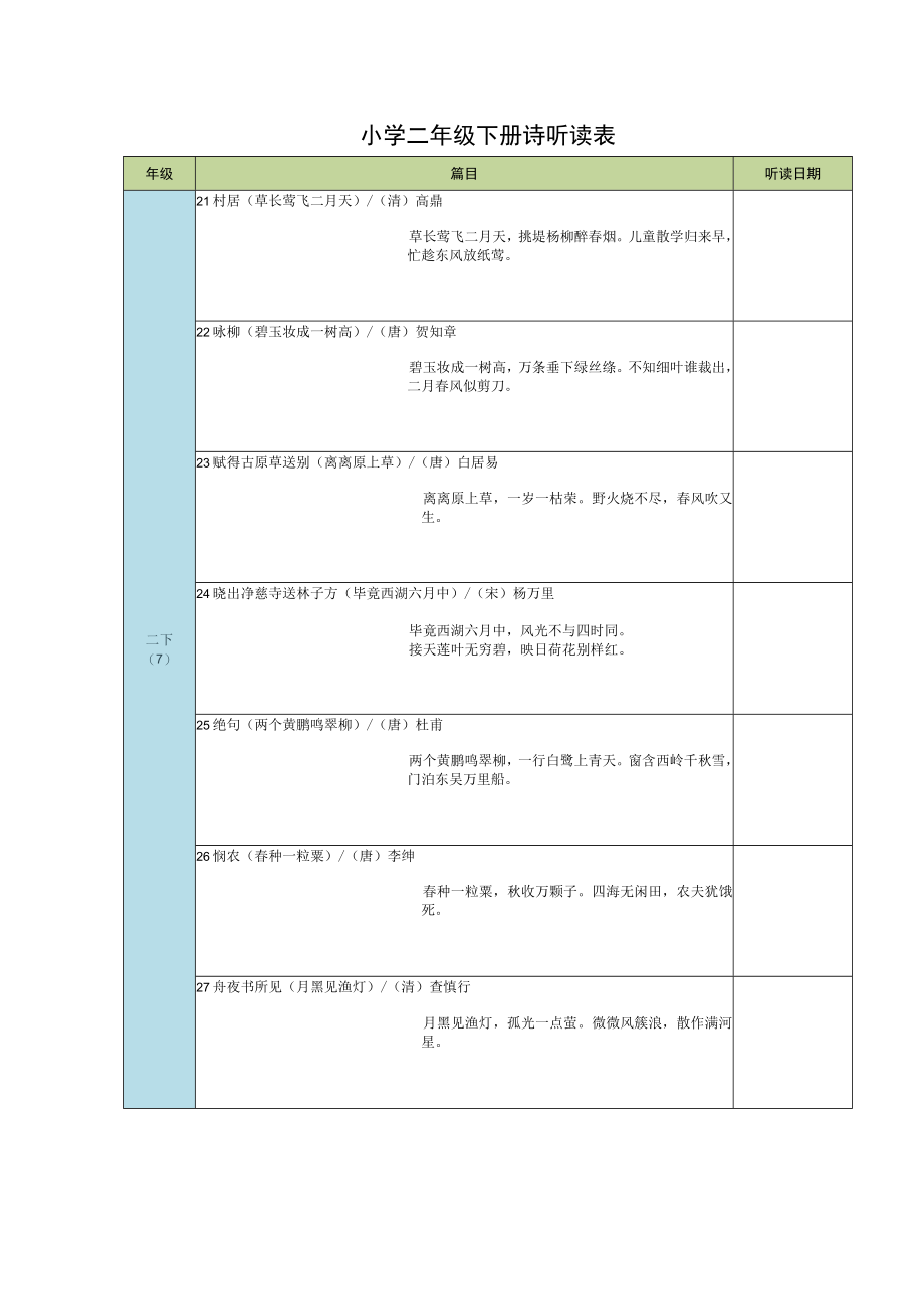 小学二年级下册诗听读表.docx_第1页