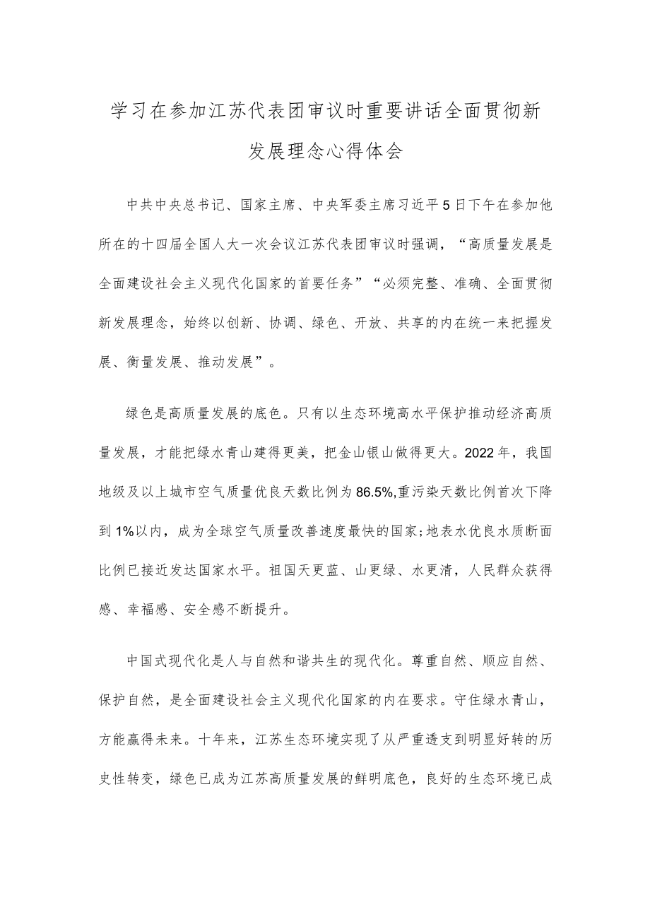 学习在参加江苏代表团审议时重要讲话全面贯彻新发展理念心得体会.docx_第1页