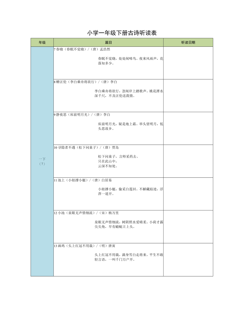 小学一年级下册古诗听读表.docx_第1页