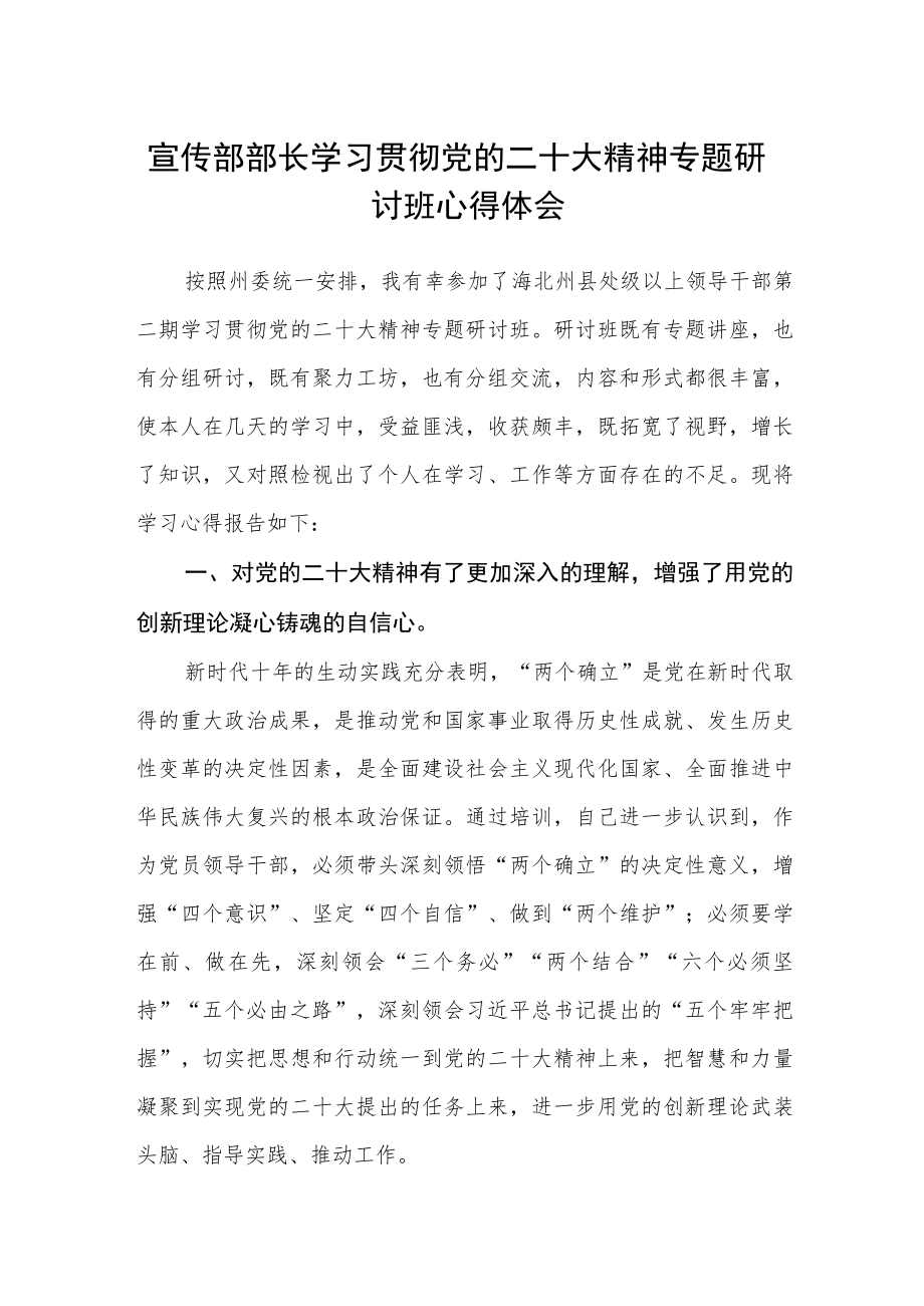 宣传部部长学习贯彻党的二十大精神专题研讨班心得体会.docx_第1页