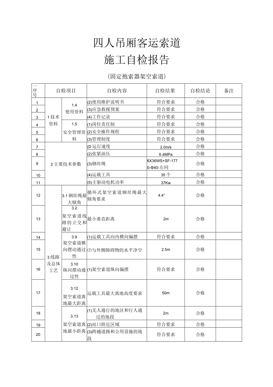 四人吊厢客运索道施工自检报告（固定抱索器架空索道）.docx_第1页