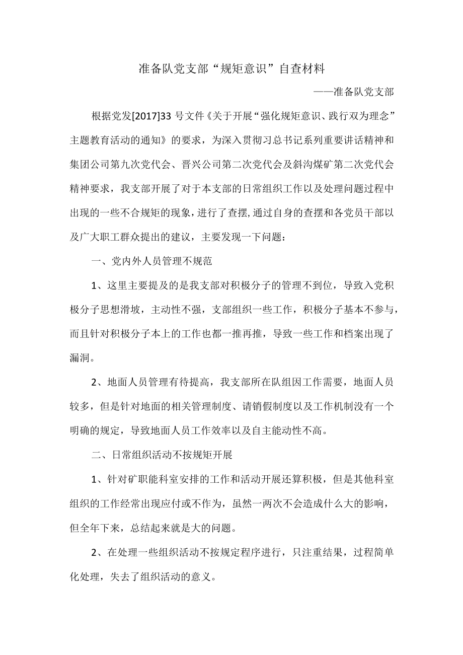 准备队党支部“规矩意识”自查发言材料.docx_第1页