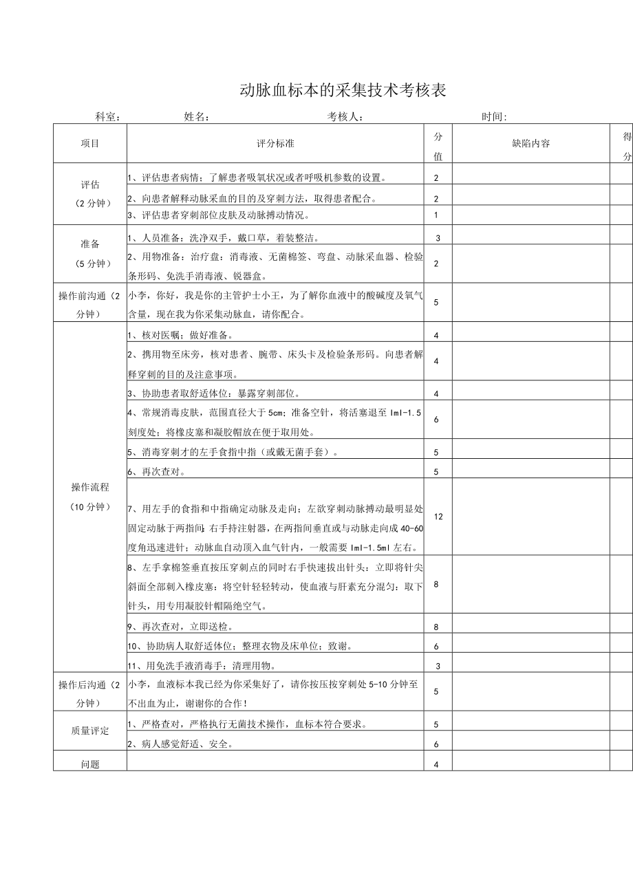 动脉血标本的采集技术考核表.docx_第1页