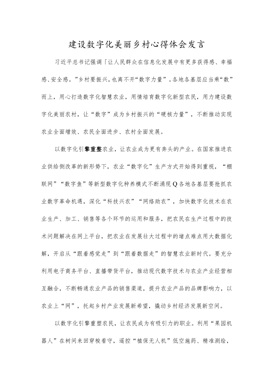 建设数字化美丽乡村心得体会发言.docx_第1页