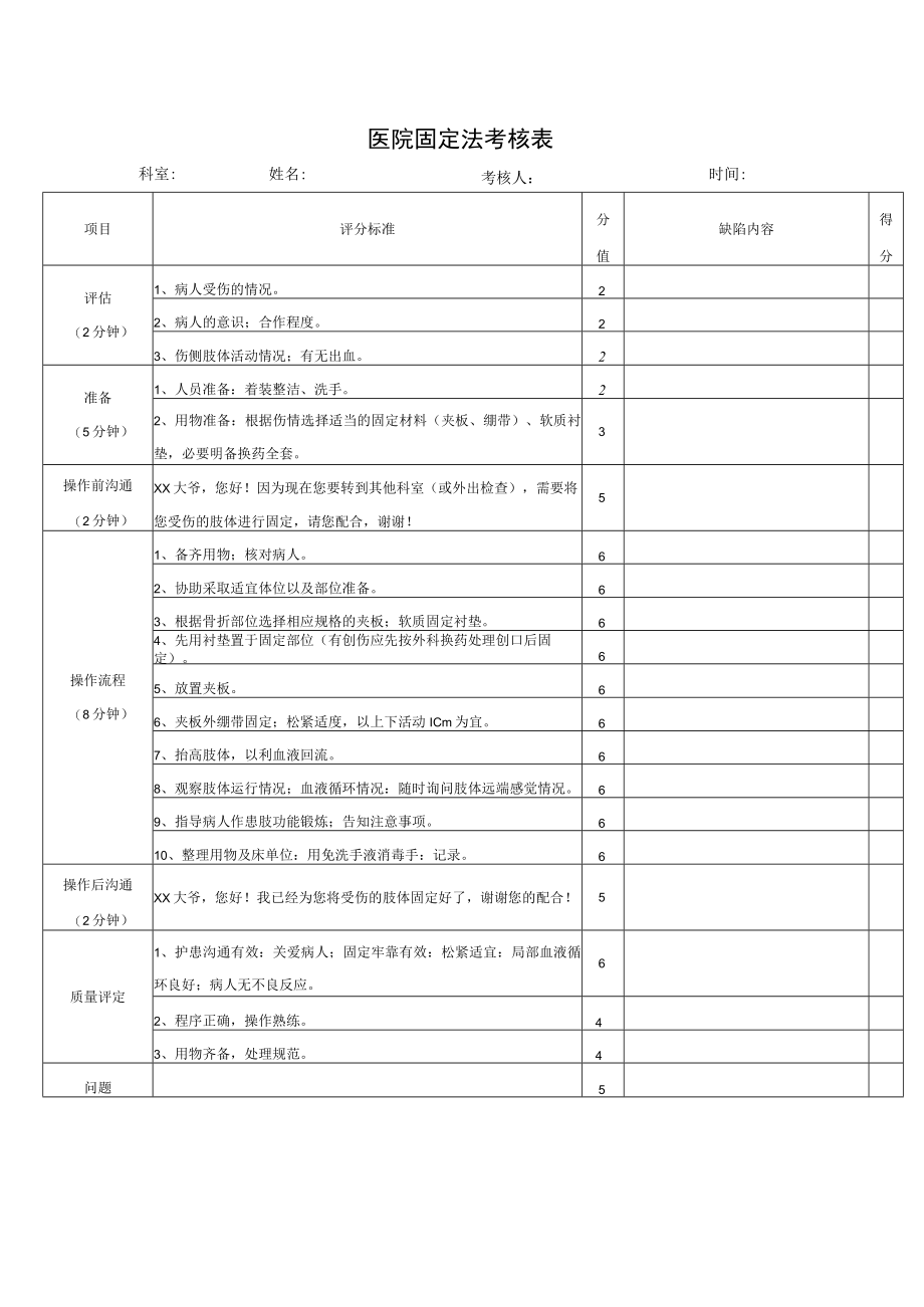 医院固定法考核表.docx_第1页