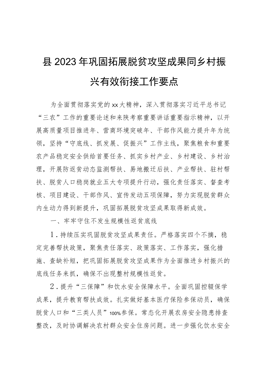 县2023年巩固拓展脱贫攻坚成果同乡村振兴有效衔接工作要点.docx_第1页