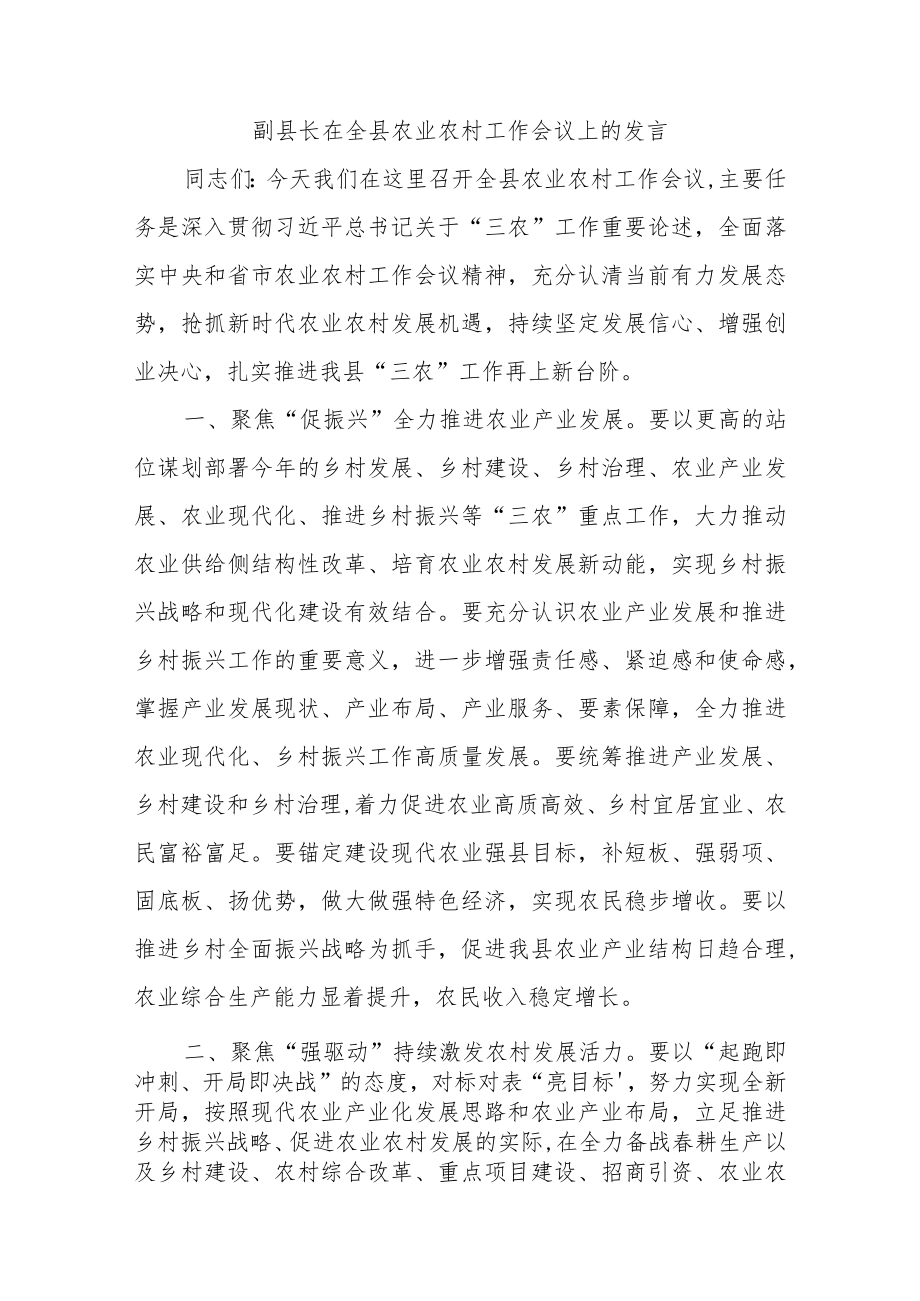 副县长在全县农业农村工作会议上的发言范本.docx_第1页