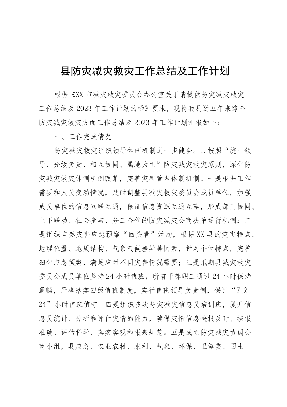 县防灾减灾救灾工作总结及工作计划.docx_第1页