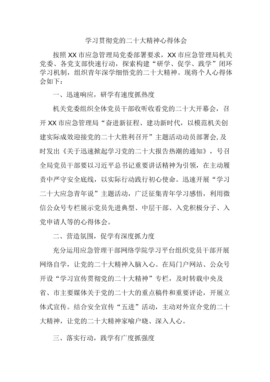 应急管理宣传科党员干部学习贯彻党的二十大精神个人心得体会 汇编4份.docx_第1页