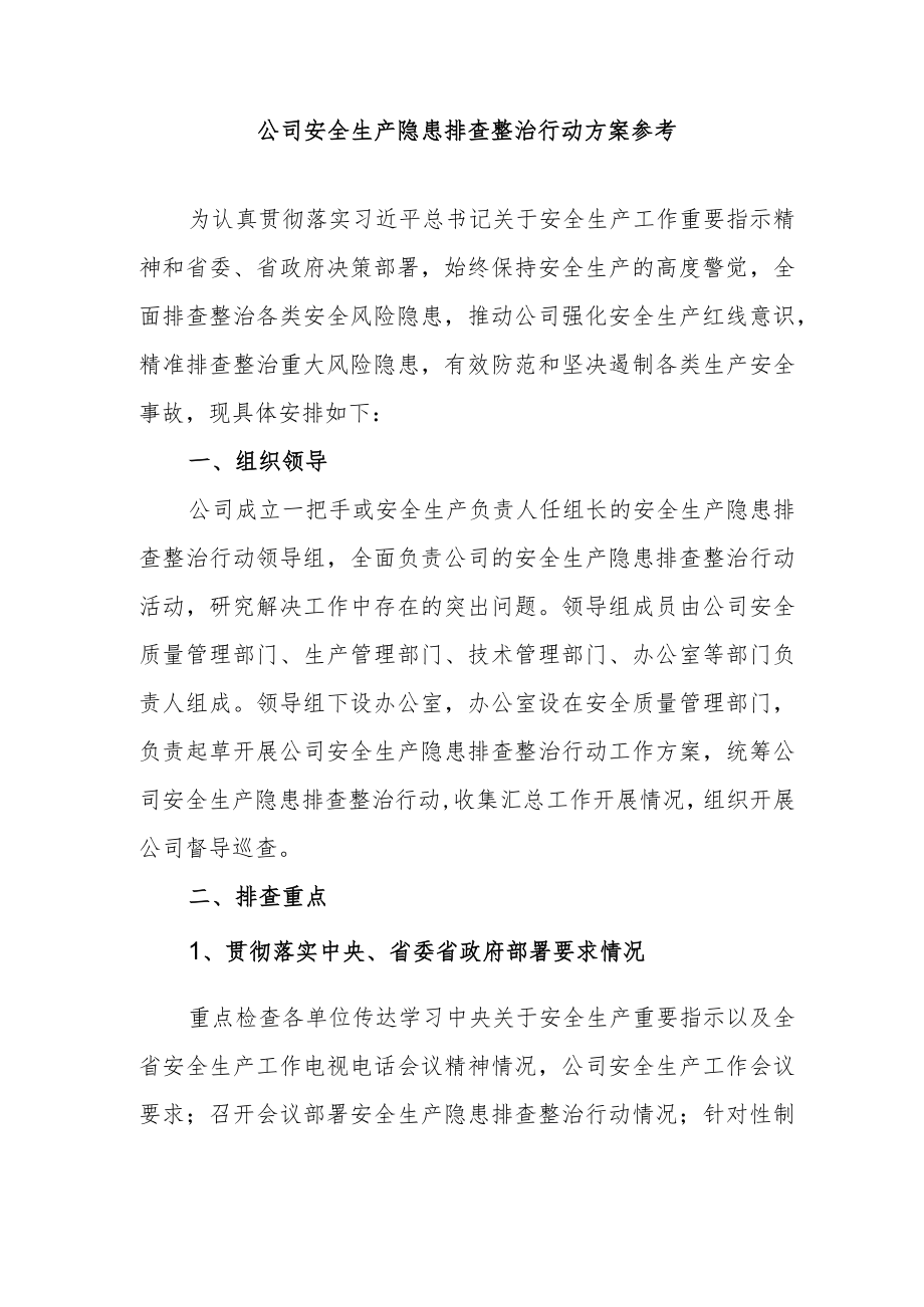 公司安全生产隐患排查整治行动方案参考.docx_第1页