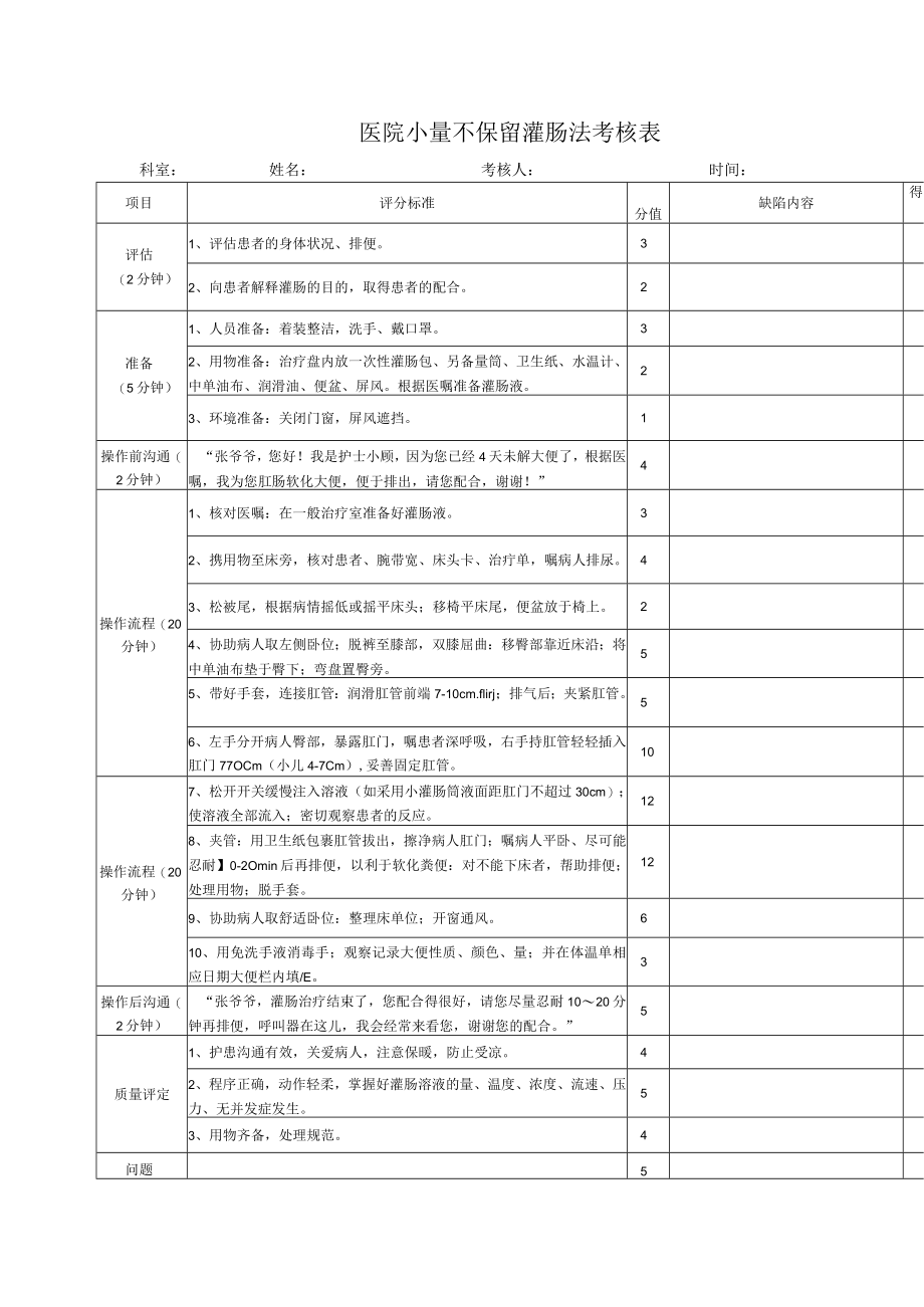 医院小量不保留灌肠法考核表.docx_第1页