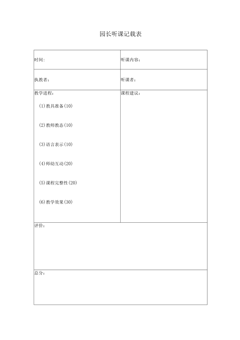 园长听课记录表空表+评析模板.docx_第1页