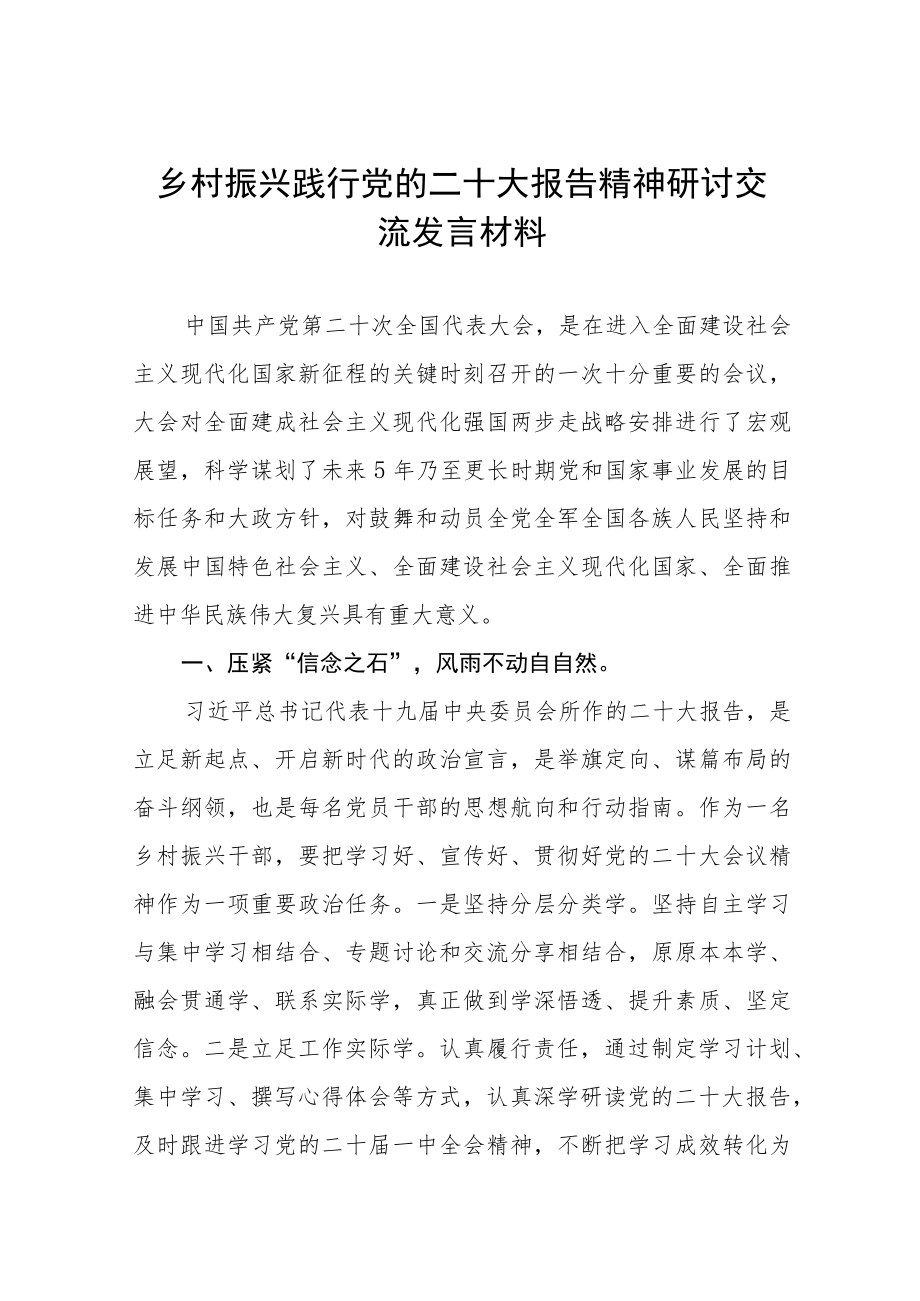 学习宣传贯彻党的二十大精神推动乡村振兴发展研讨交流材料三篇.docx_第1页