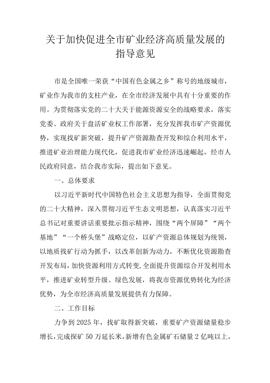 关于加快促进全市矿业经济高质量发展的指导意见.docx_第1页