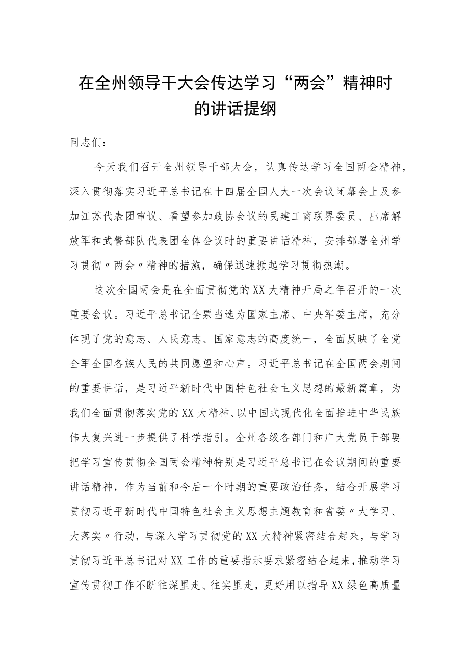 在全州领导干大会传达学习“两会”精神时的讲话提纲.docx_第1页