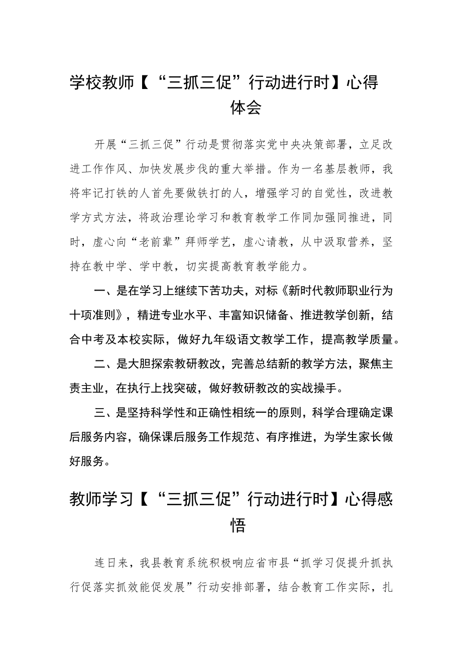 学校教师【“三抓三促”行动进行时】心得体会(精选三篇).docx_第1页