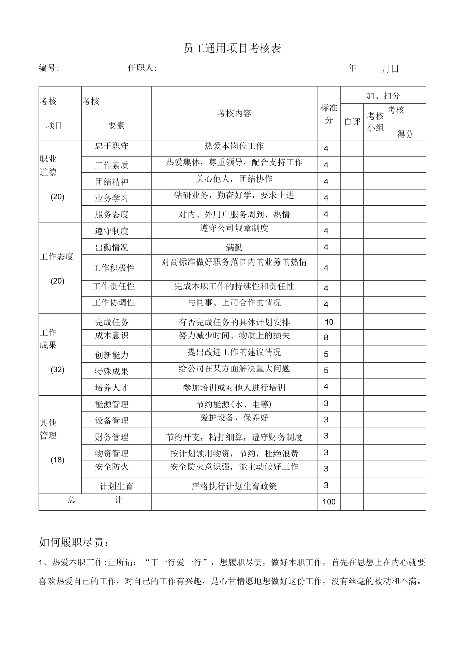 员工通用项目考核表样板.docx_第1页