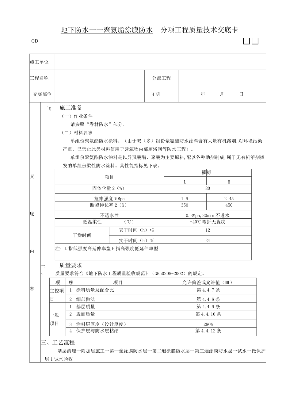 地下防水工程聚氨脂涂膜防水技术交底模板.docx_第1页