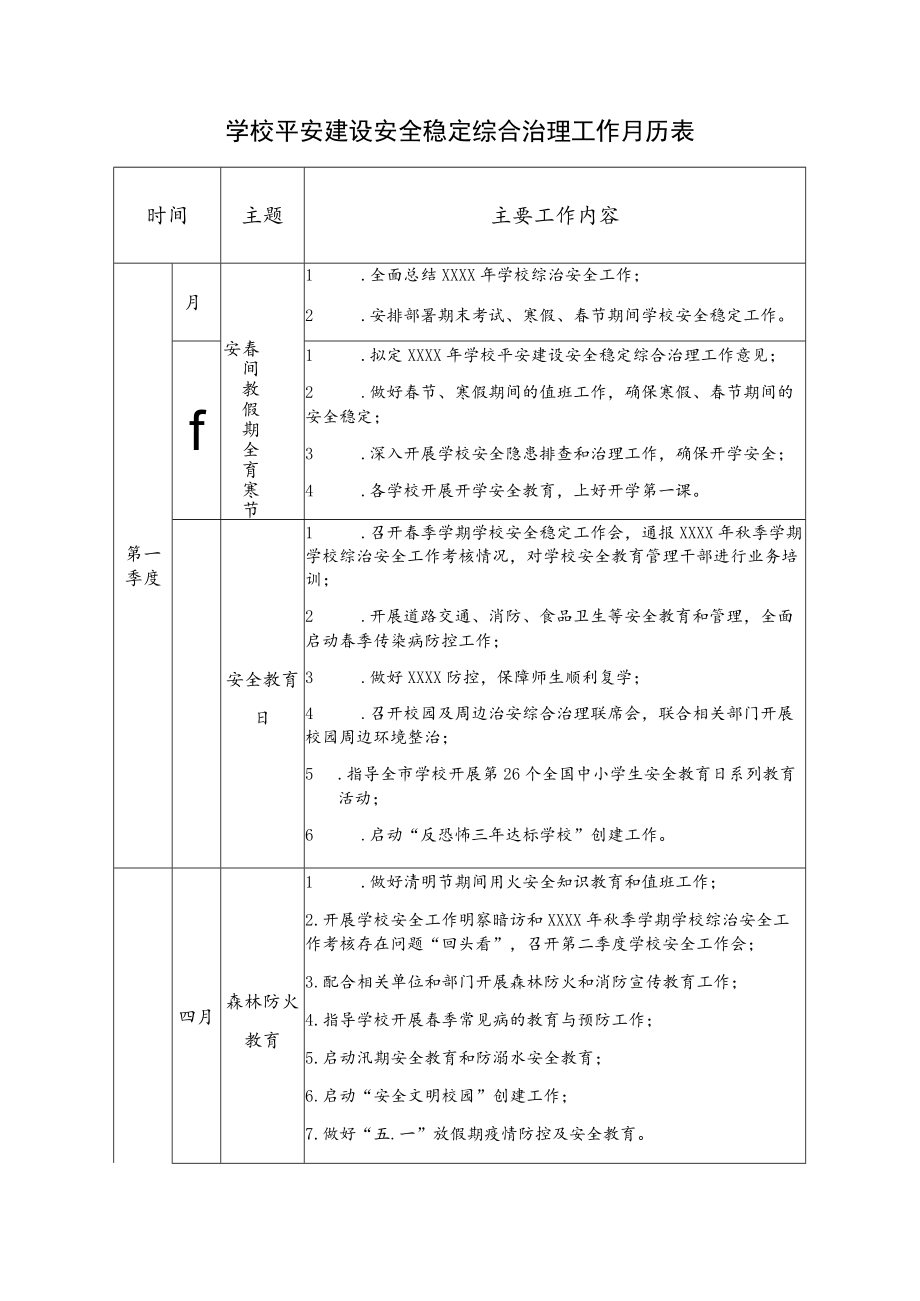 学校平安建设安全稳定综合治理工作月历表.docx_第1页