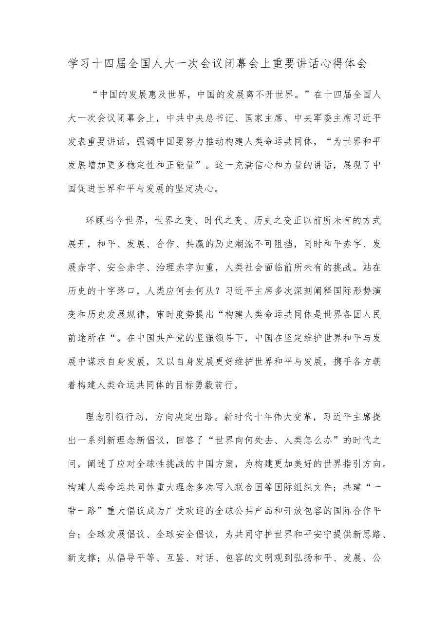 学习十四届全国人大一次会议闭幕会上重要讲话心得体会.docx_第1页