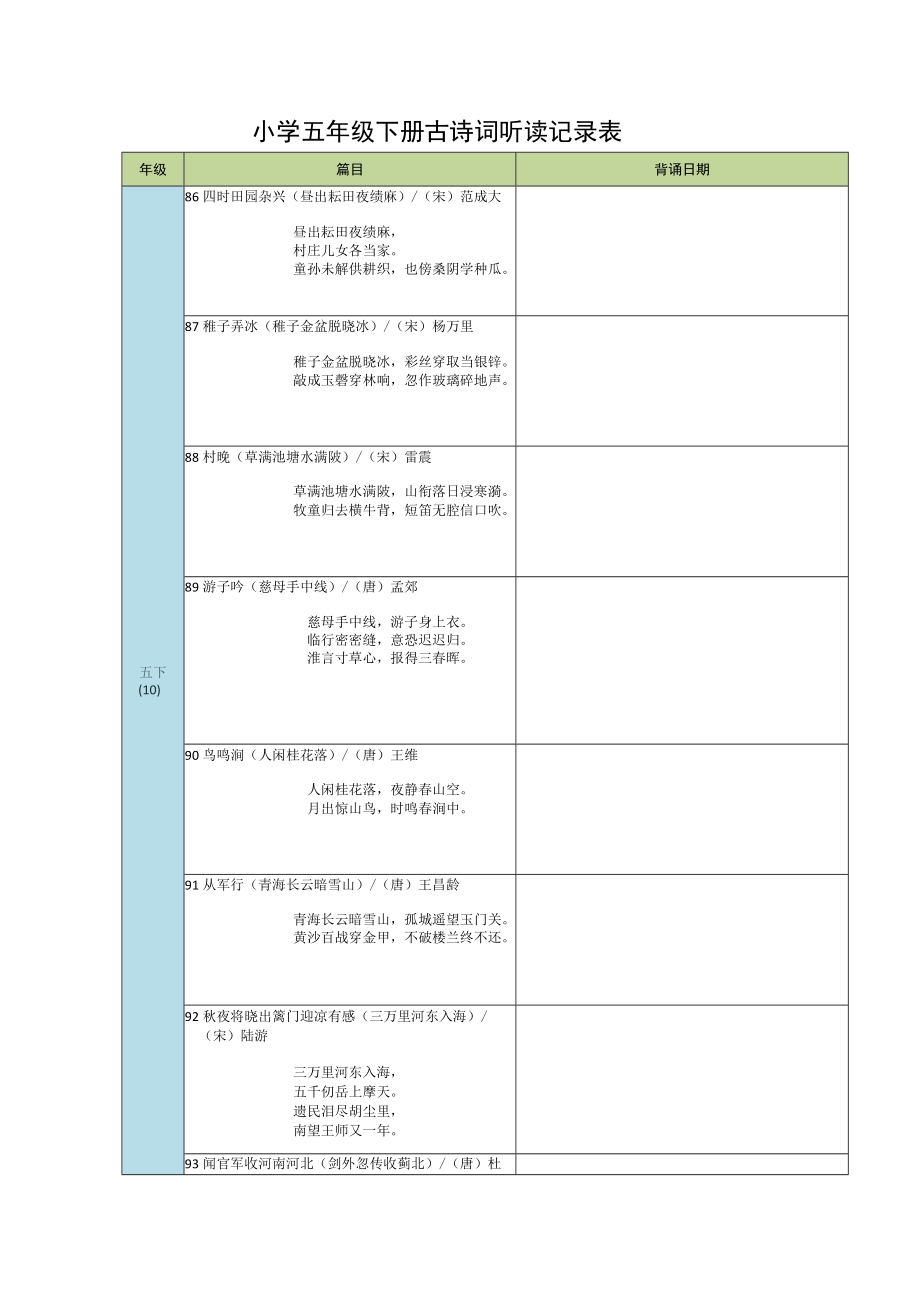 小学五年级下册古诗词听读记录表.docx_第1页