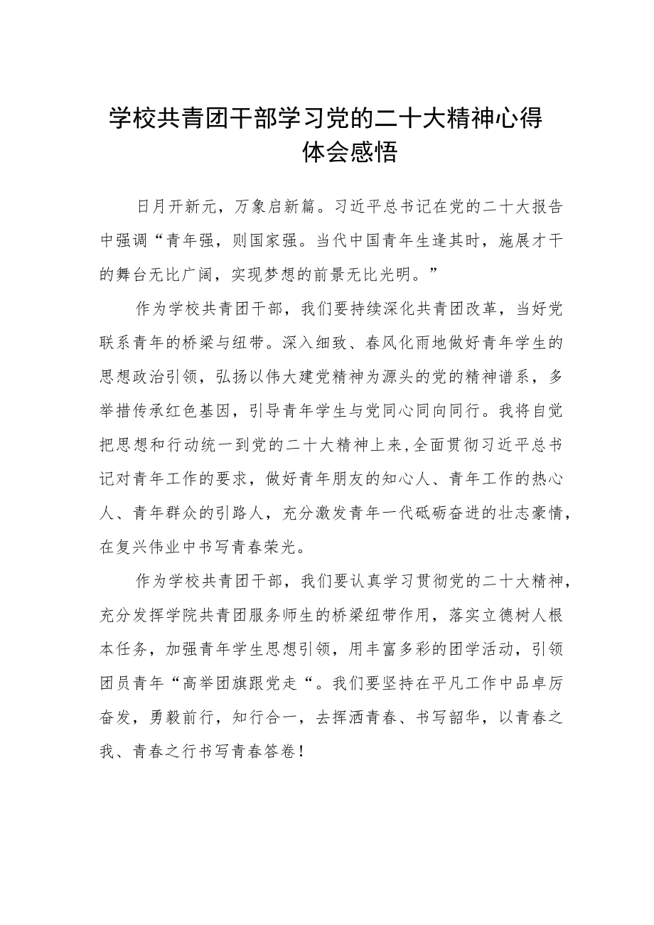 学校共青团干部学习党的二十大精神心得体会感悟.docx_第1页