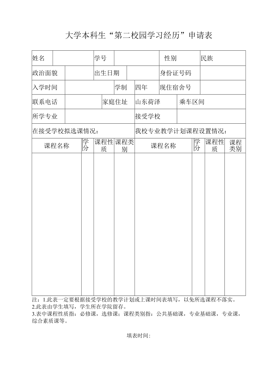 大学本科生“第二校园学习经历”申请表.docx_第1页