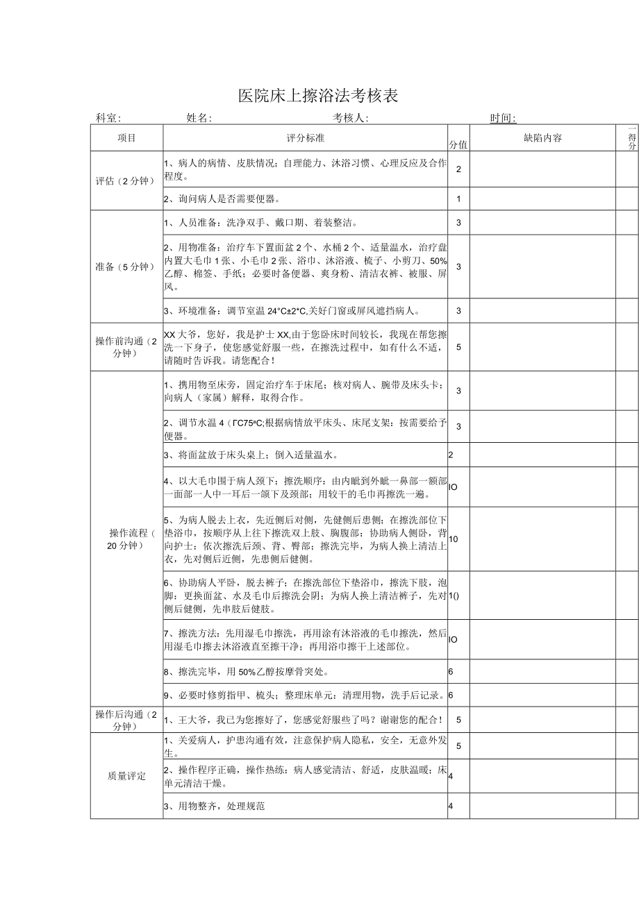 医院床上擦浴法考核表.docx_第1页