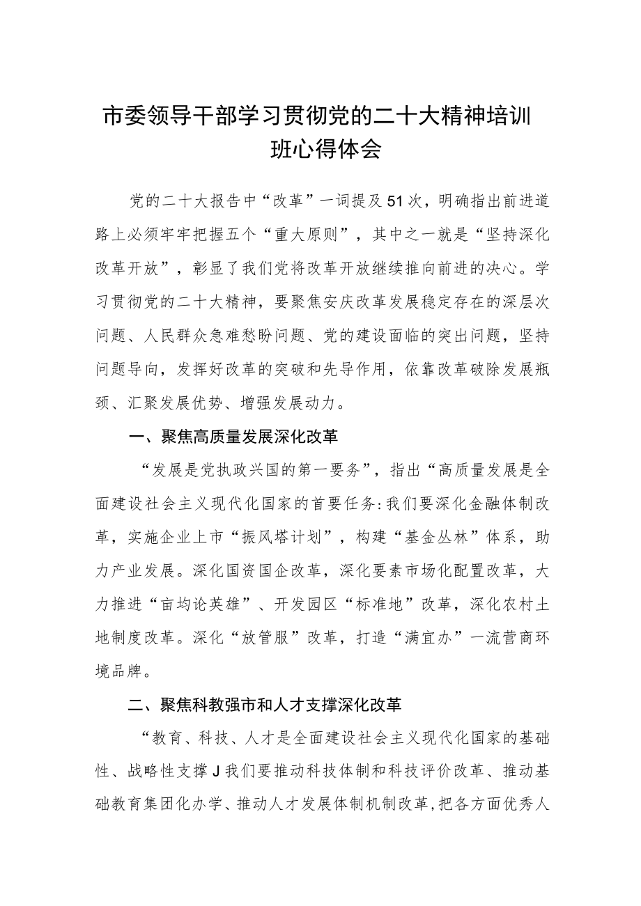 市委领导干部学习贯彻党的二十大精神培训班心得体会三篇样例.docx_第1页