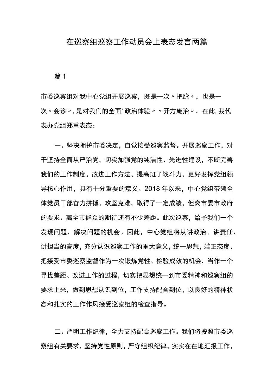 在巡察组巡察工作动员会上表态发言两篇.docx_第1页