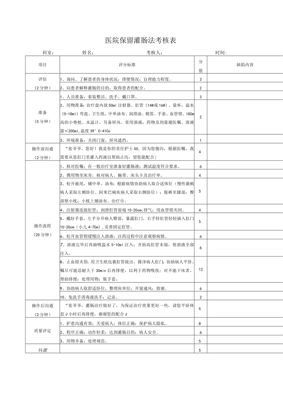 医院保留灌肠法考核表.docx_第1页