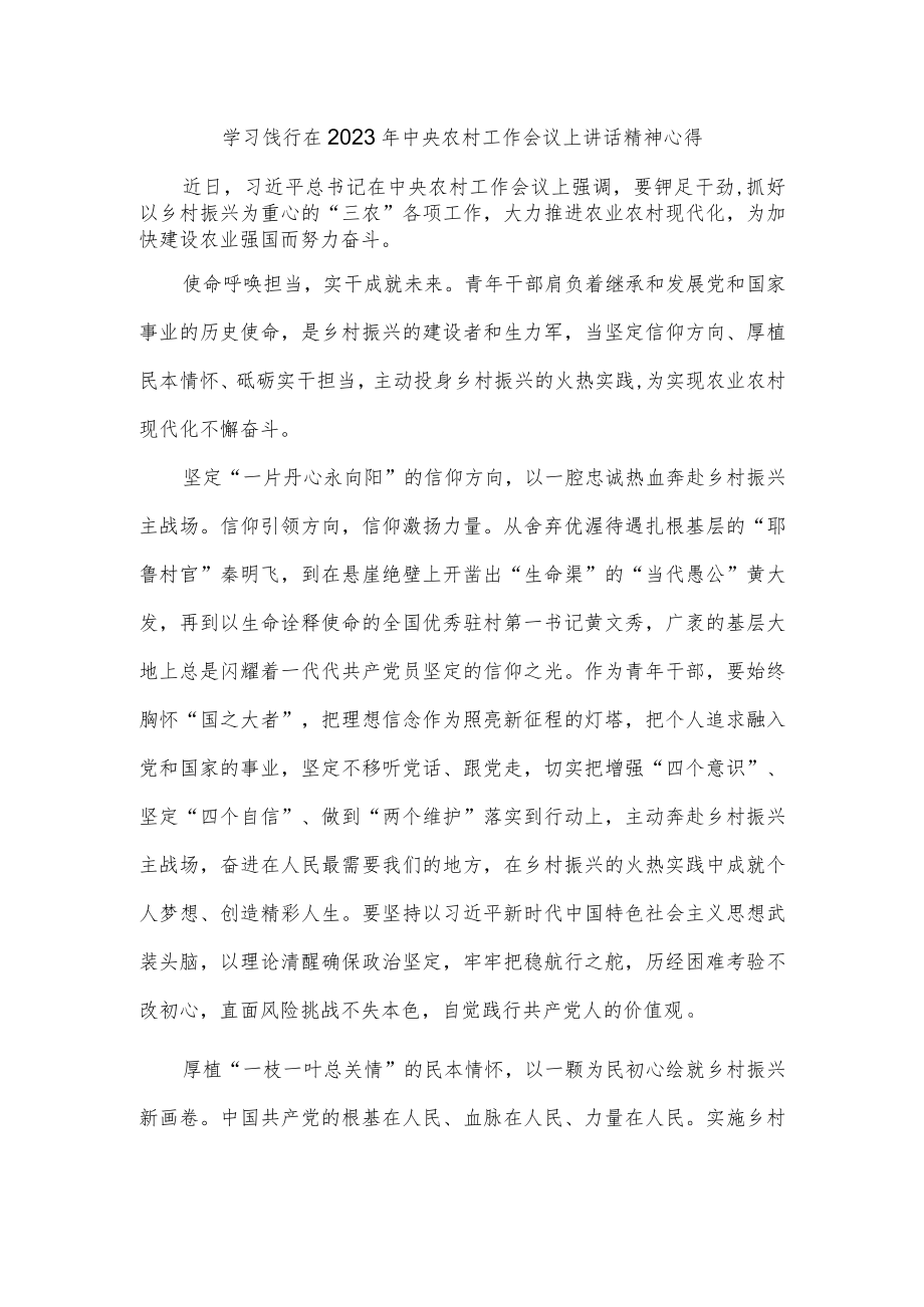 学习饯行在2023年中央农村工作会议上讲话精神心得.docx_第1页