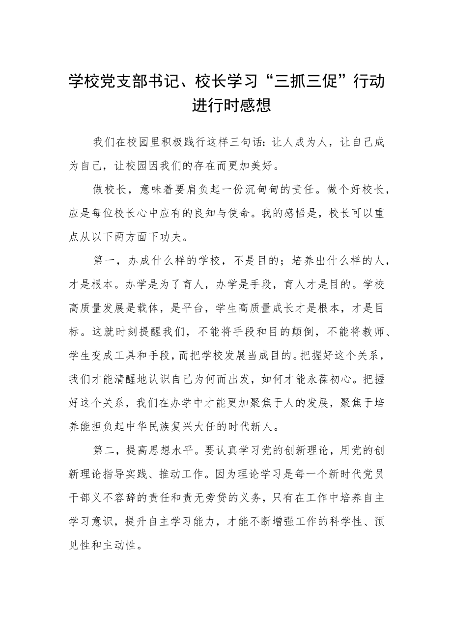 学校党支部书记、校长学习“三抓三促”行动进行时感想.docx_第1页