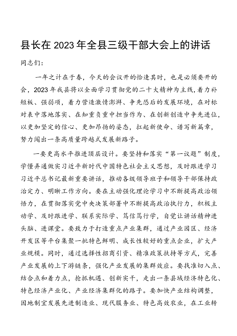 县长在2023年全县三级干部大会上的讲话.docx_第1页