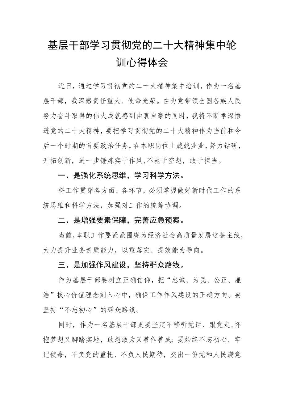 基层干部学习贯彻党的二十大精神集中轮训心得体会.docx_第1页