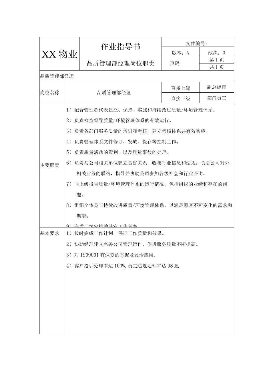 品质管理部经理岗位职责.docx_第1页