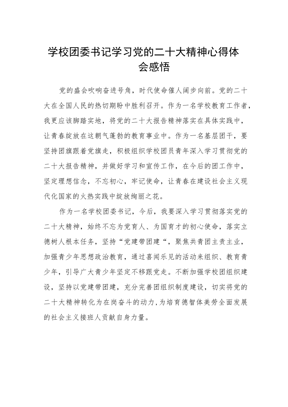 学校团委书记学习党的二十大精神心得体会感悟范本.docx_第1页