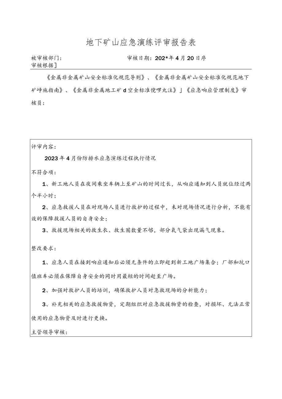 地下矿山应急演练评审报告表.docx_第1页