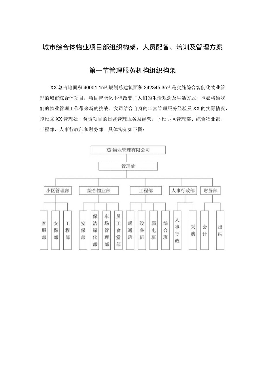 城市综合体物业项目部组织构架、人员配备、培训及管理方案.docx_第1页