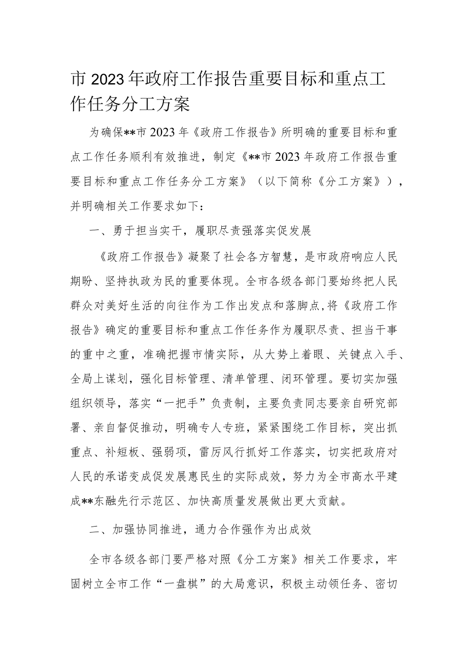 市2023年政府工作报告重要目标和重点工作任务分工方案.docx_第1页