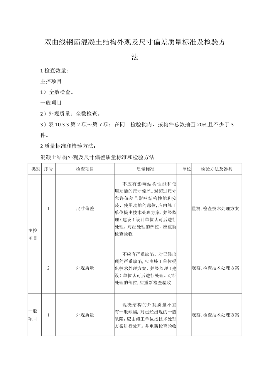 双曲线钢筋混凝土结构外观及尺寸偏差质量标准及检验方法.docx_第1页