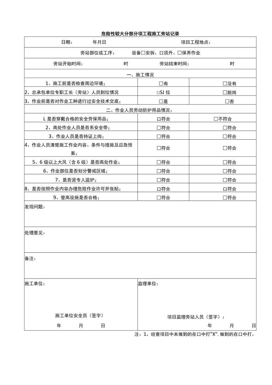 危险性较大分部分项工程施工旁站记录.docx_第1页