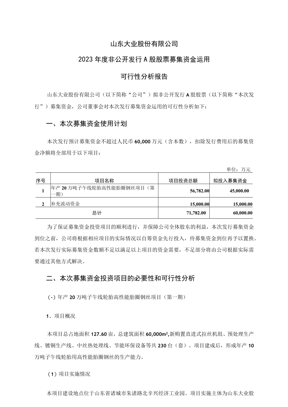 山东大业股份有限公司2023年度非公开发行A股股票募集资金运用可行性分析报告.docx_第1页