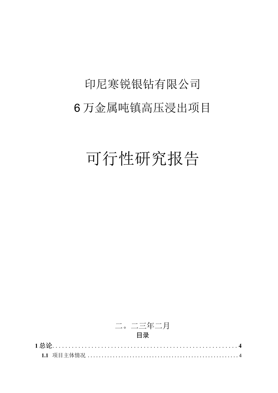 寒锐钴业：印尼寒锐镍钴有限公司6万金属吨镍高压浸出项目可行性研究报告.docx_第1页