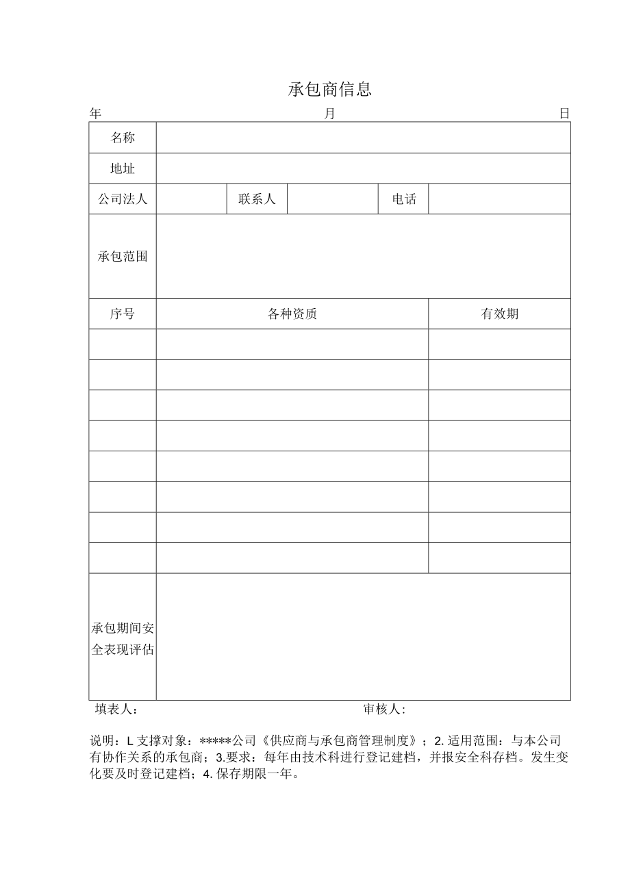 安全标准化之承包商信息表.docx_第1页