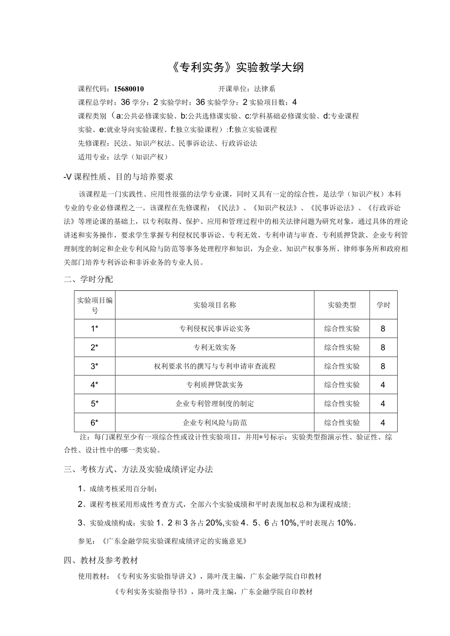 广东金融学院《专利实务》实验教学大纲.docx_第1页