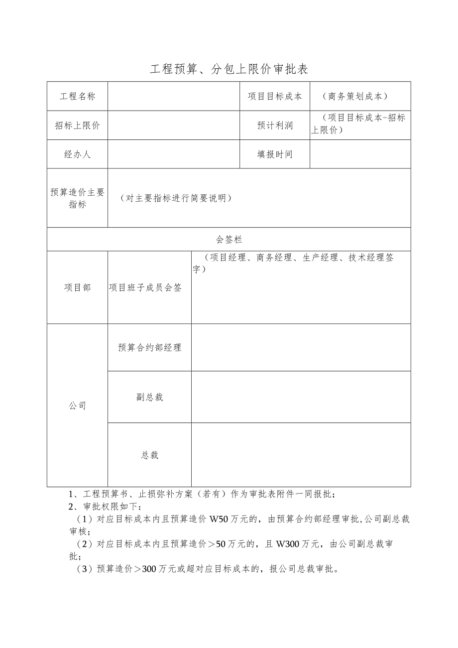 工程预算、分包上限价审批表.docx_第1页